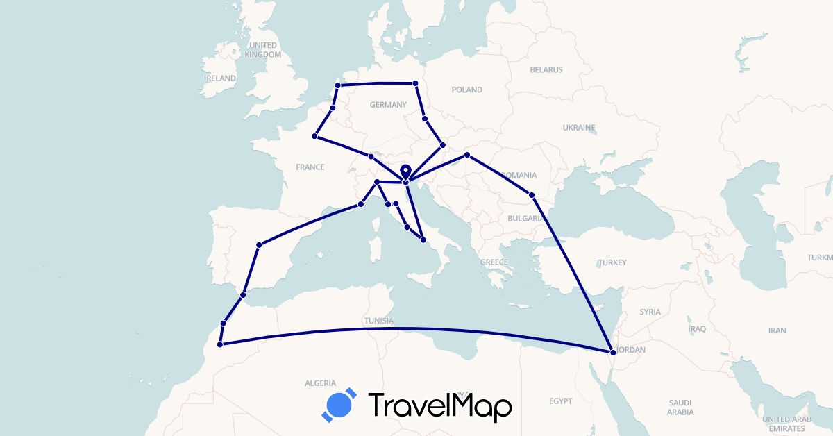 TravelMap itinerary: driving in Austria, Belgium, Switzerland, Czech Republic, Germany, Spain, France, Hungary, Israel, Italy, Morocco, Monaco, Netherlands, Romania (Africa, Asia, Europe)
